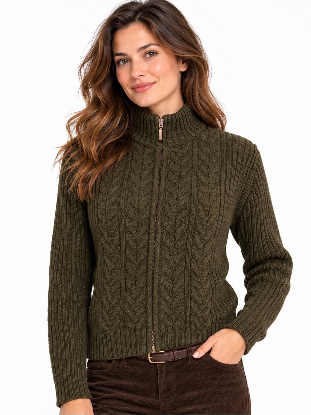 Vintage Lands’ End 100% Wool Cable Knit Full Zip Sweater Olive XS Petite